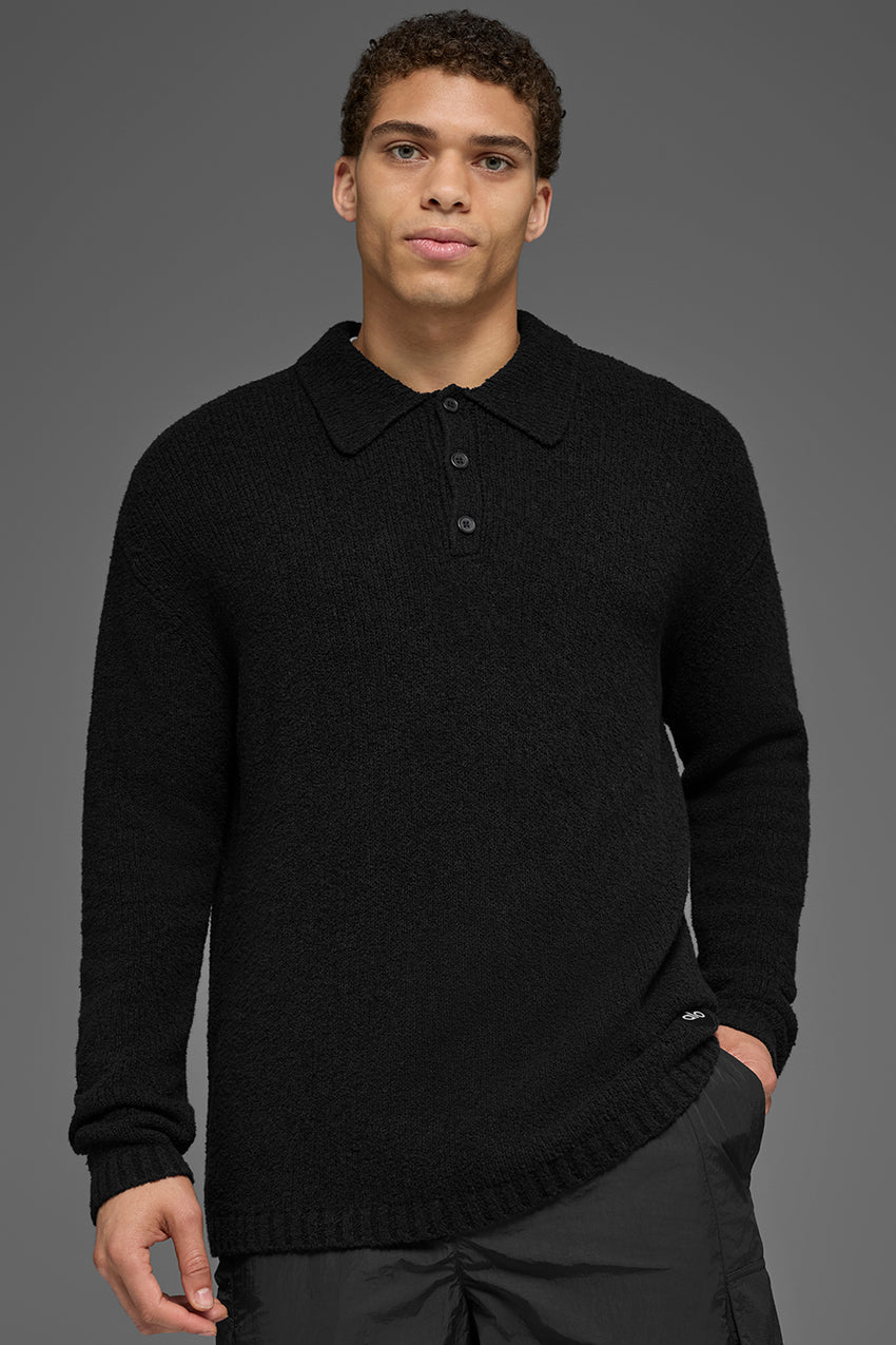 Textured Knit Long Sleeve Polo - Black