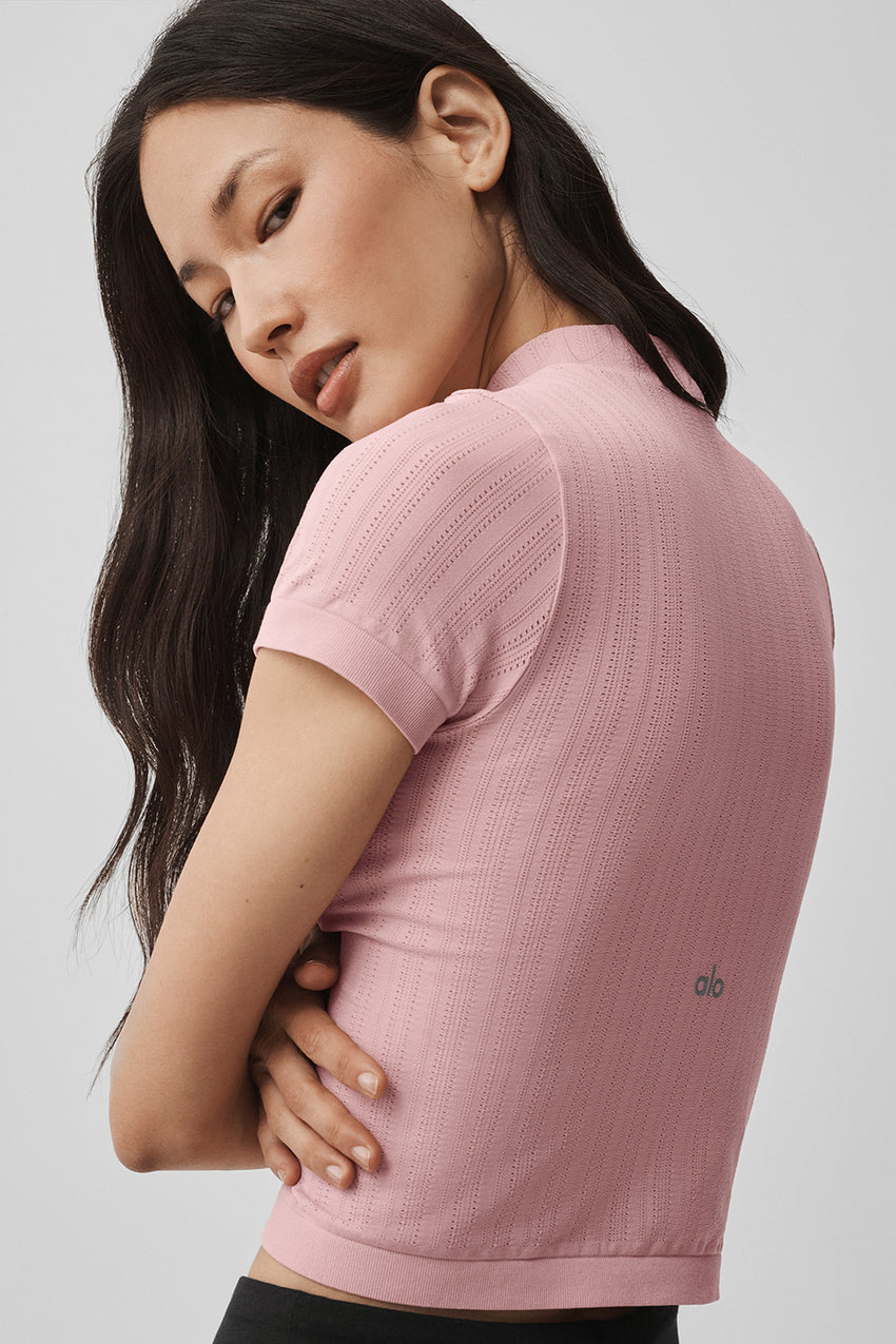 Seamless Pointelle Mock Neck Short Sleeve - Vintage Pink
