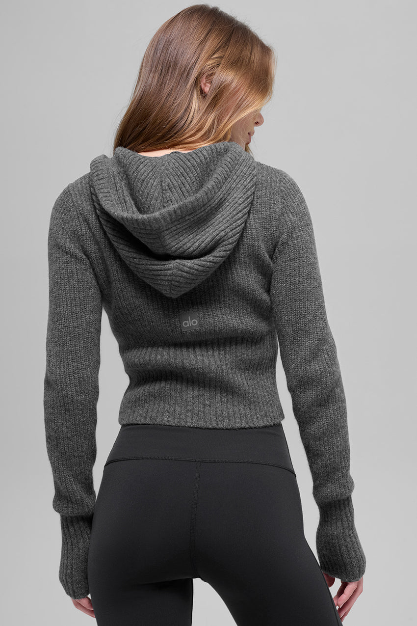 Wool Cashmere Ribbed Noble Full Zip Hoodie - Platinum Grey