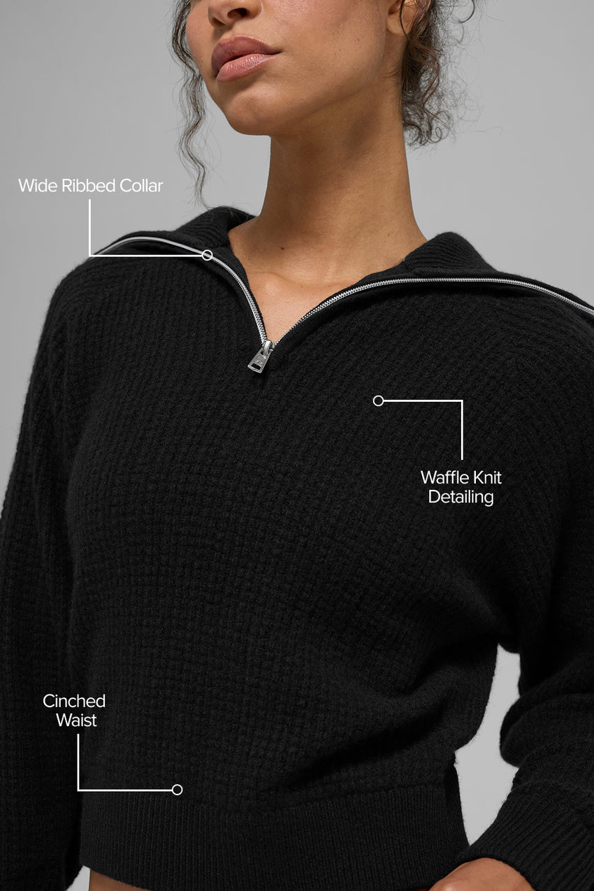 Cashmere Plush Waffle 1/4 Zip Pullover - Black
